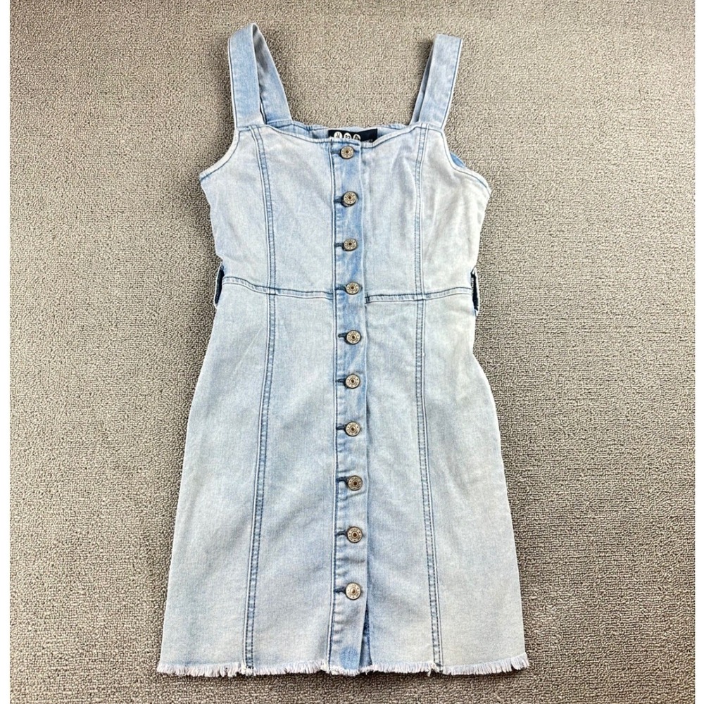 Rewash Mini Dress Women S Blue Denim Button Front Sleeveless Frayed Hem Western